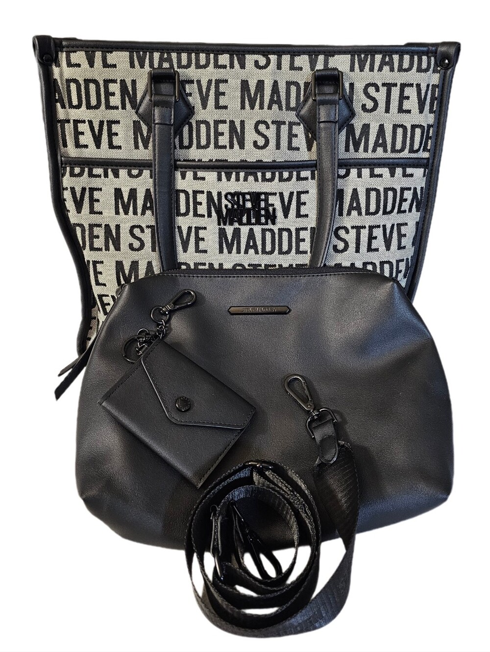 Steve Madden Bsidra 3pc bag set tote crossbody purse wallet Keychain black gray
